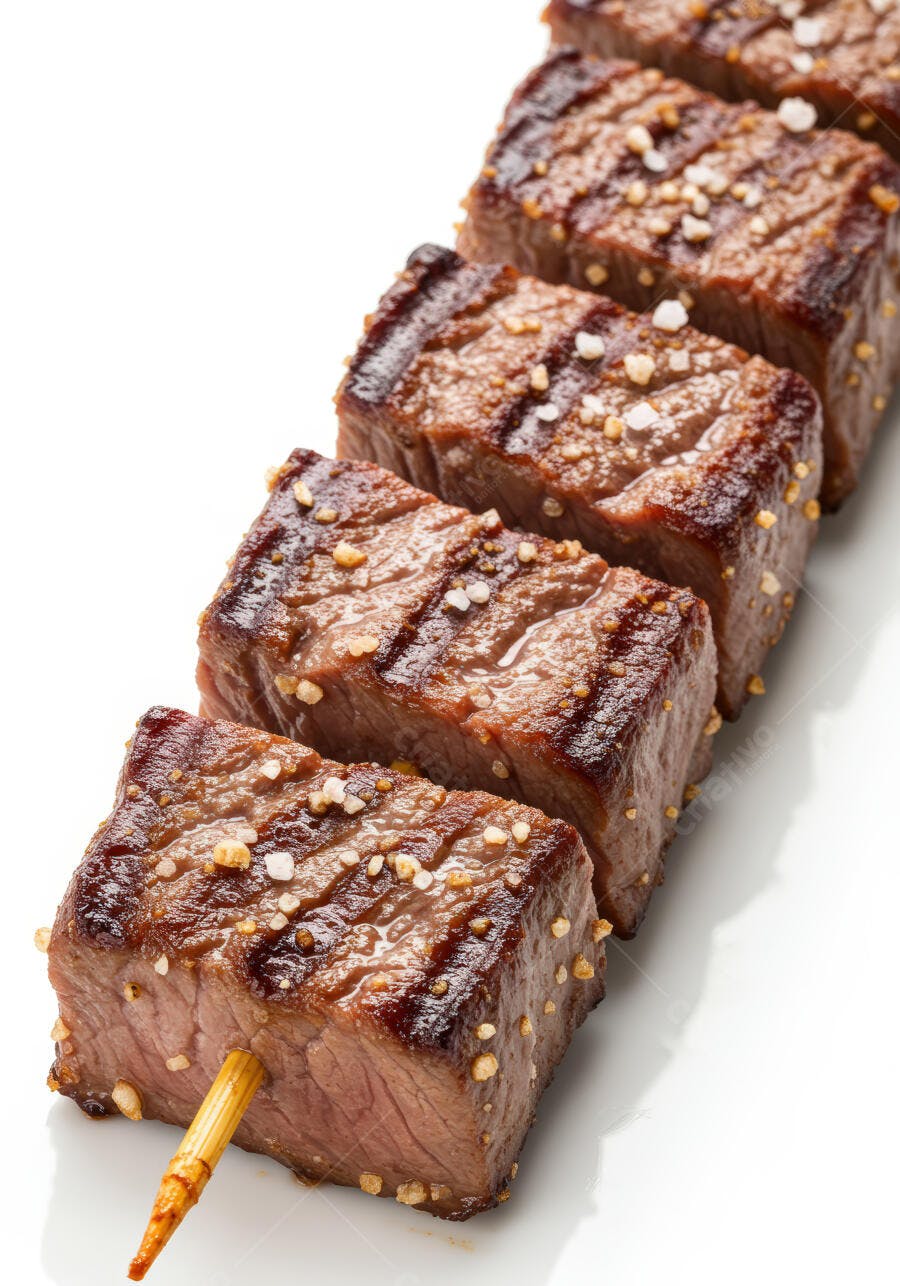 Cubos de carne grelhada espetados