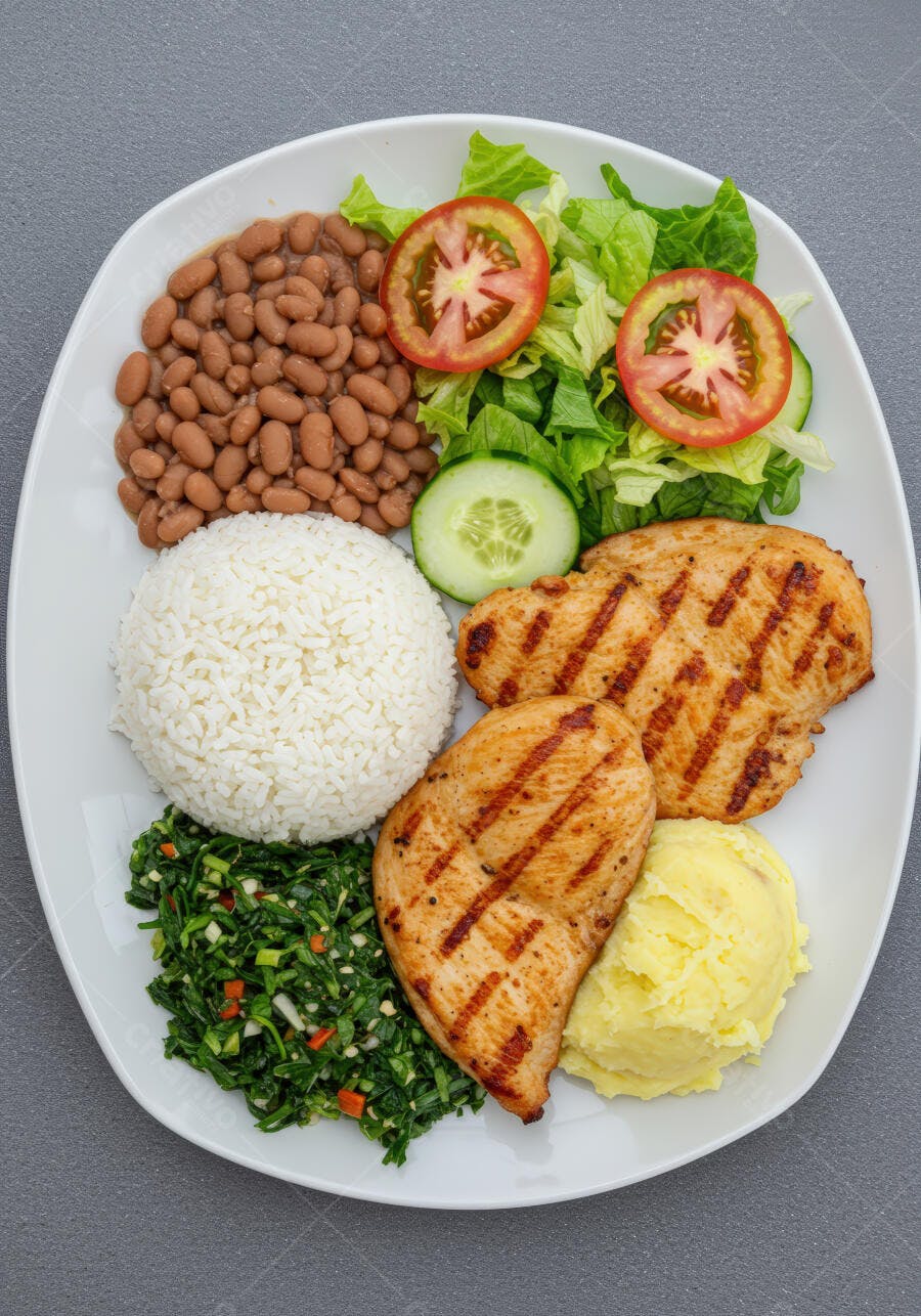 Peito de frango grelhado com arroz e feijão