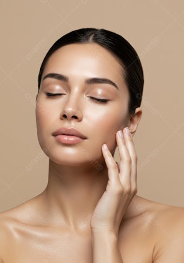 Close-up of a woman with flawless, radiant skin. Eyes closed, serene expression. Beige tones and illuminated skin. Minimalist and clean beauty photography.