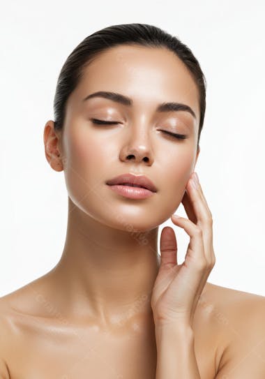 Close-up of a young woman with flawless, glowing skin. Light bronze skin tones and a white background. Serene and relaxed expression. Clean and minimalist image.