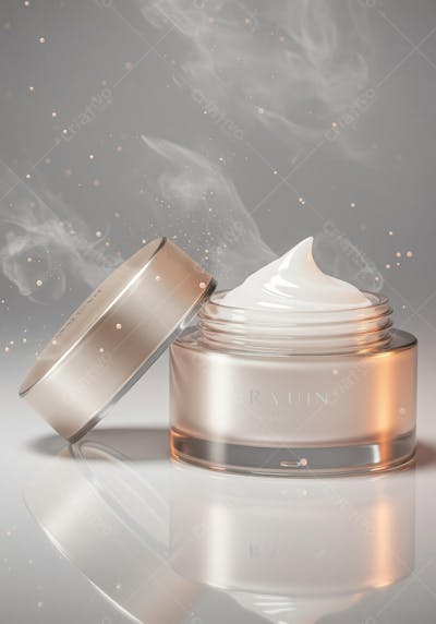 Creme facial com tampa aberta e efeitos de partículas flutuantes