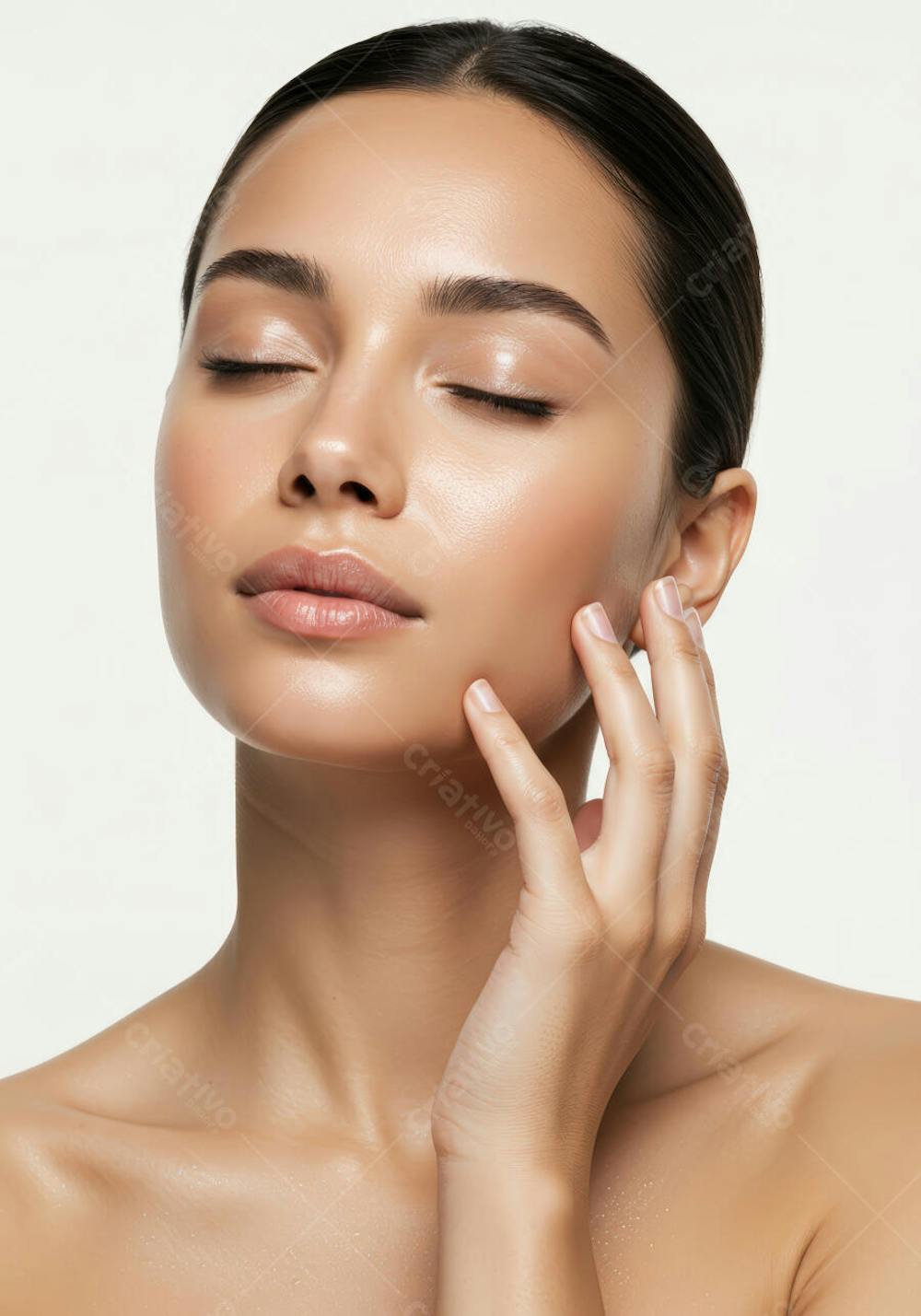 Close-up de uma jovem mulher com pele impecável e luminosa fundo branco. Tons de pele bronzeada e cabelo escuro. Expressão serena e calma. Fotografia de beleza limpa e minimalista.