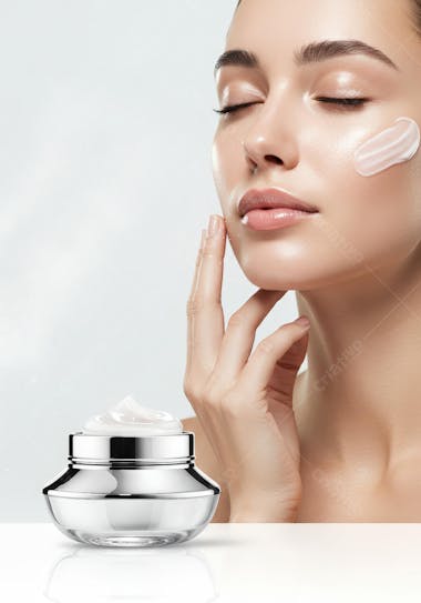 Image of a young woman applying facial moisturizer. Light colors prevail, with shades of white, silver, and fair skin. The atmosphere is calm and focused on personal care. The focus is on skin texture and the product.