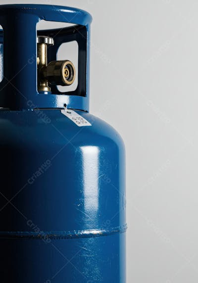 Close-up da parte superior de um botijão de gás azul com foco na válvula
