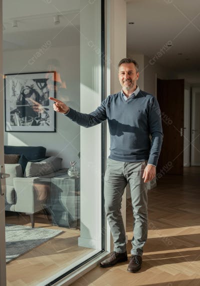 Homem sorridente apontando dentro de apartamento iluminado