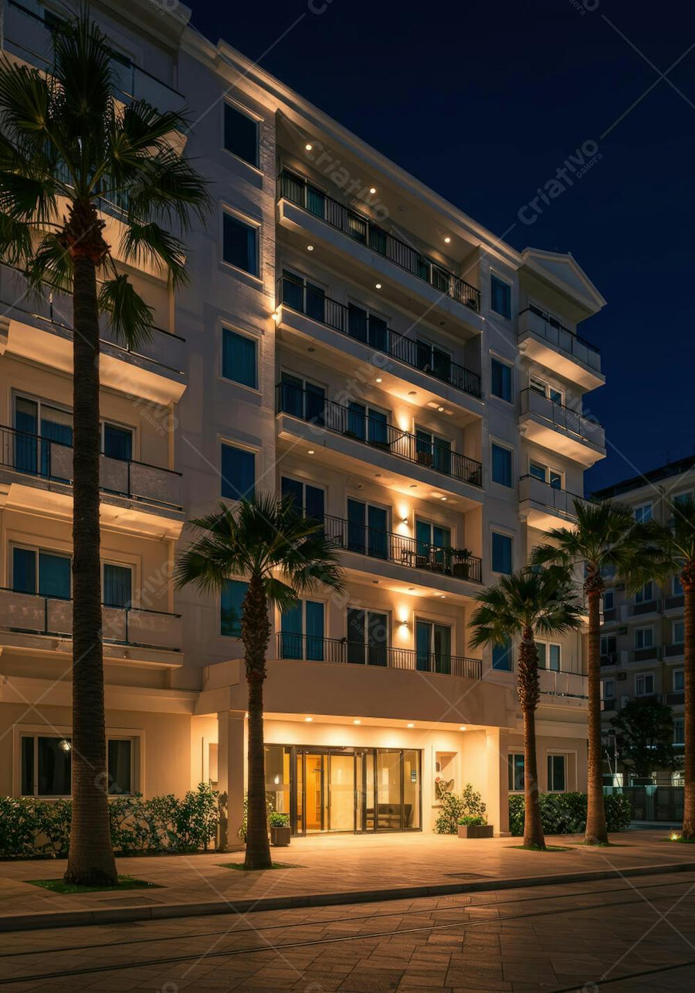 Fachada de prédio residencial com iluminação noturna elegante