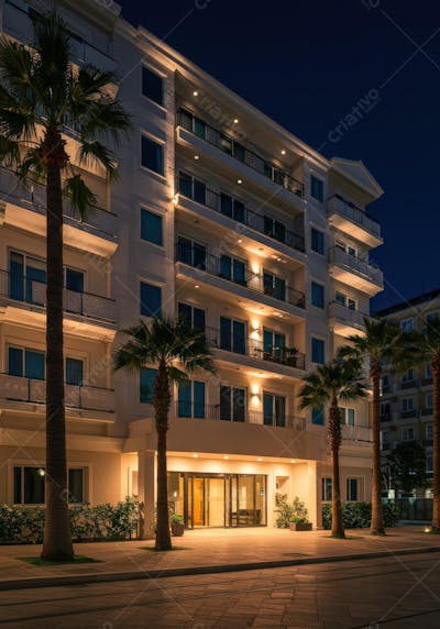 Fachada de prédio residencial com iluminação noturna elegante