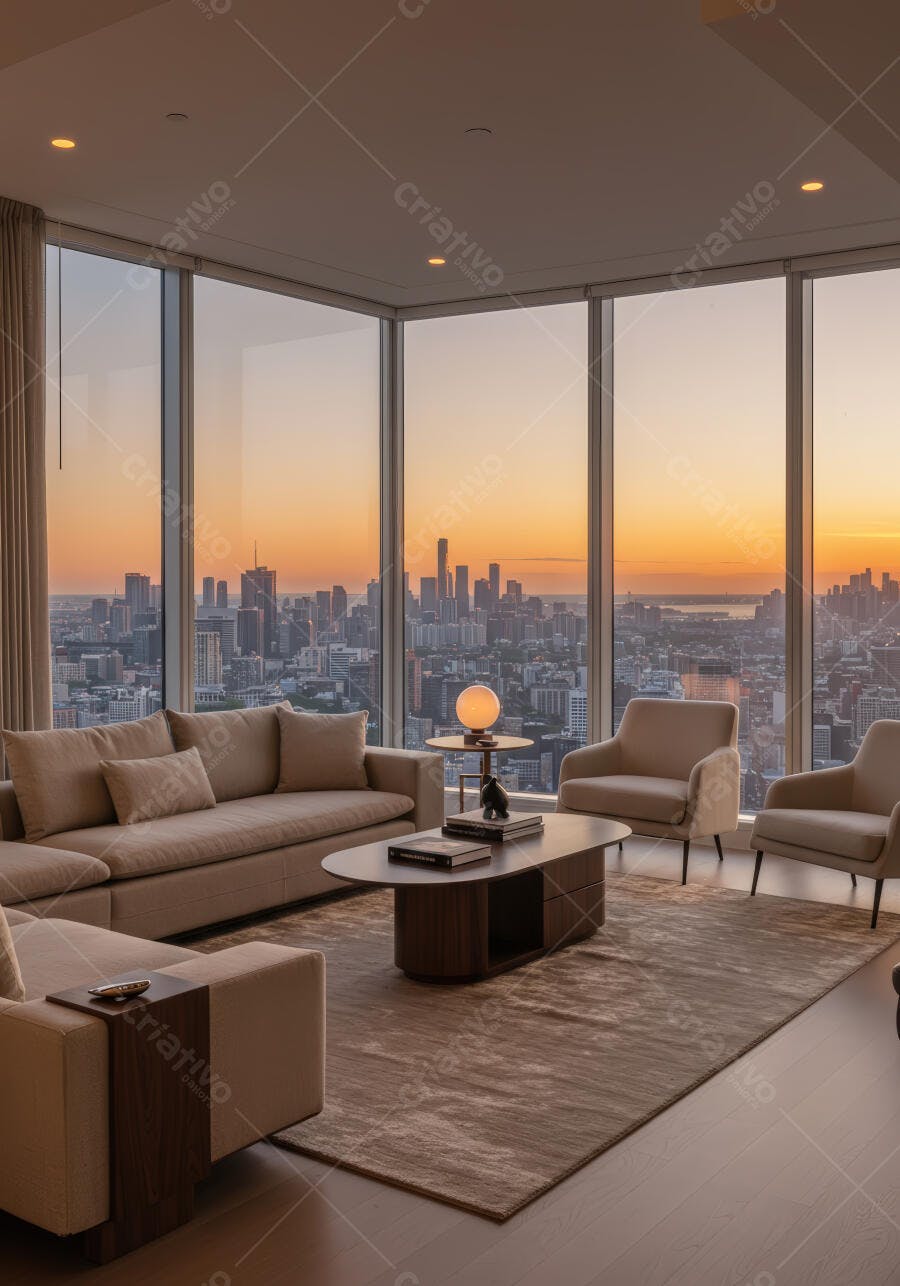 Sala de estar moderna com vista deslumbrante do pôr do sol