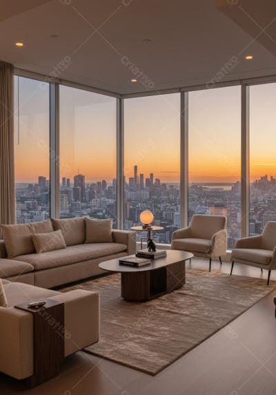 Sala de estar luxuosa com vista para cidade ao pôr do sol
