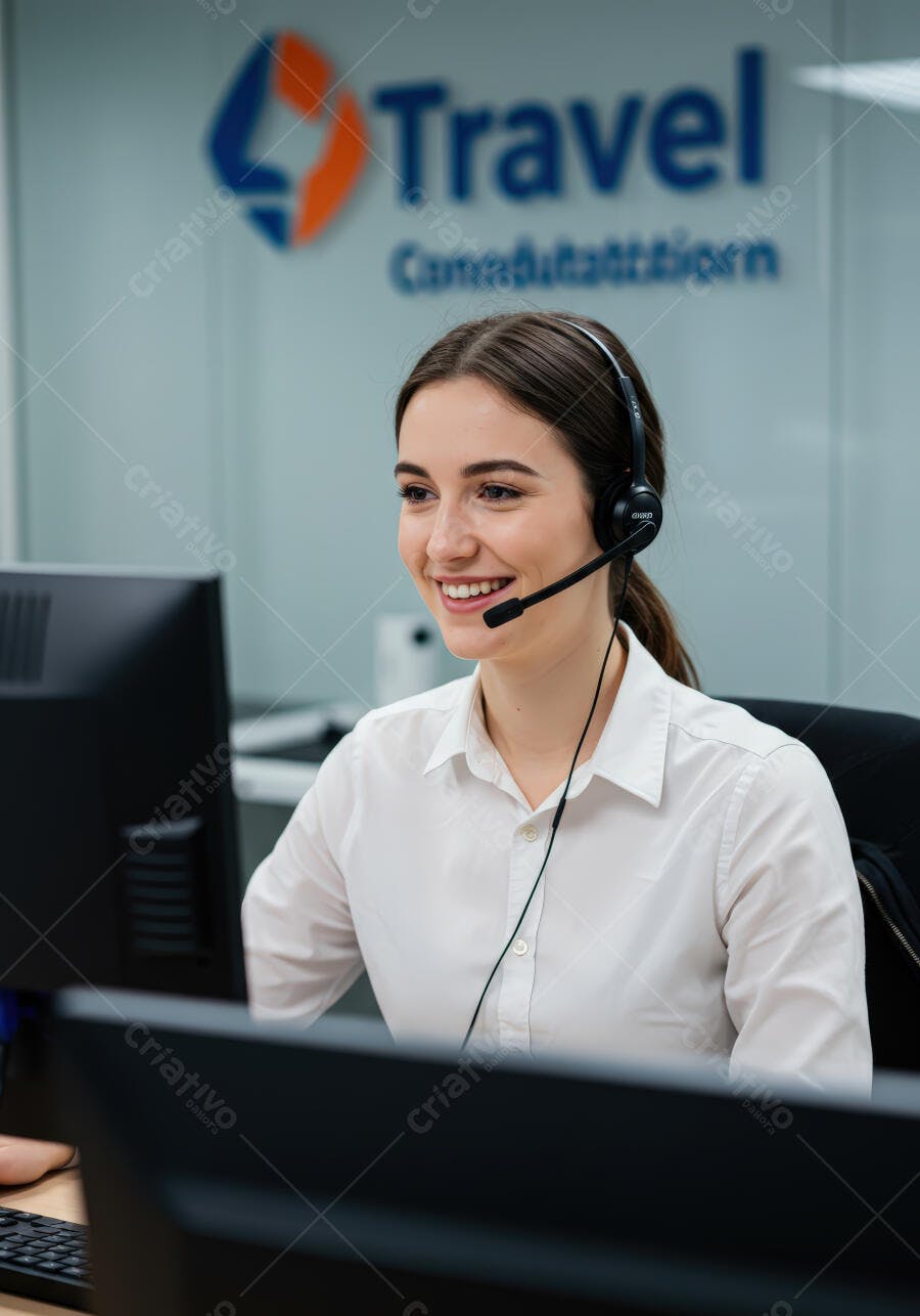 Atendente sorrindo em call center de viagens