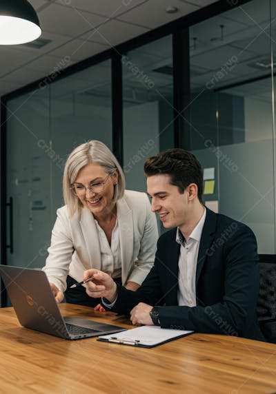 Dupla de profissionais analisando dados no notebook