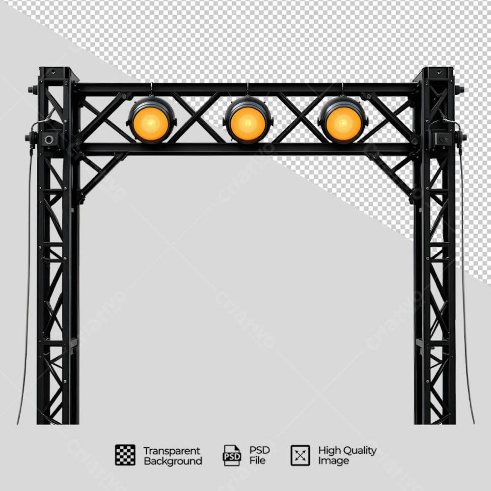 Moldura de iluminação em PSD com fundo transparente, ideal para projetos de eventos, shows, festas e apresentações. Design moderno e elegante em preto com luzes amarelas, perfeito para criar convites, flyers e peças publicitárias.