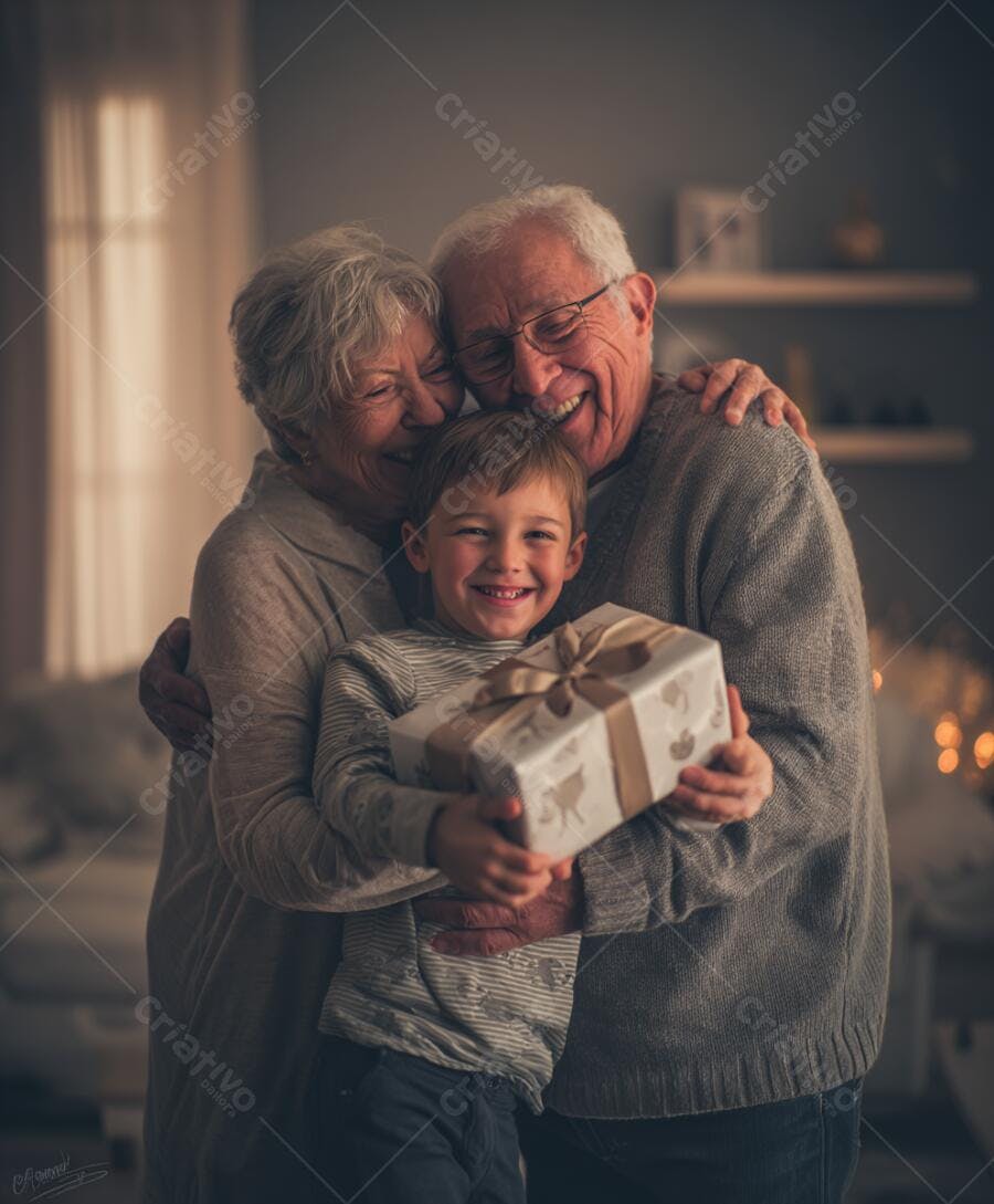 Neto com avós recebendo presente Natal