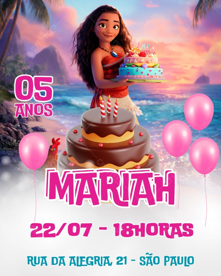 Convite de Aniversário Moana 5 anos Editável no Canva