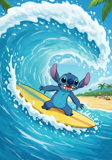 Stitch Surfando na onda praia com uma prancha amarela
