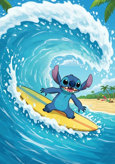 Stitch Surfando na onda praia com uma prancha amarela