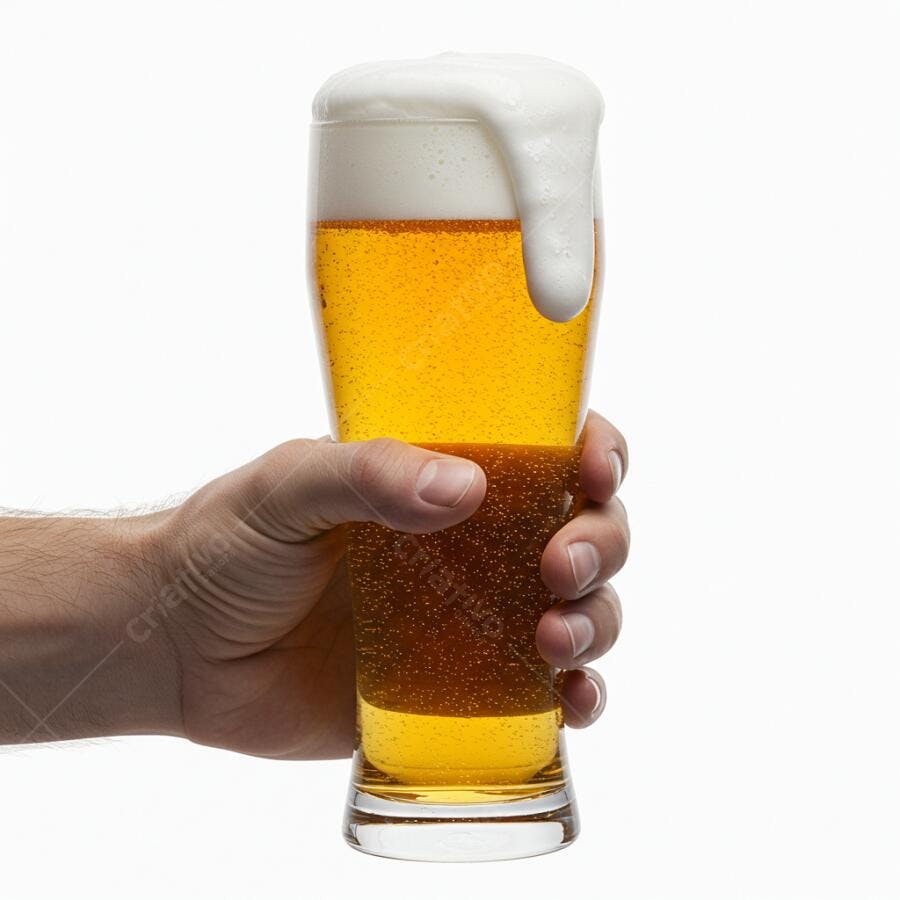 Mão segurando copo de cerveja loira com espuma