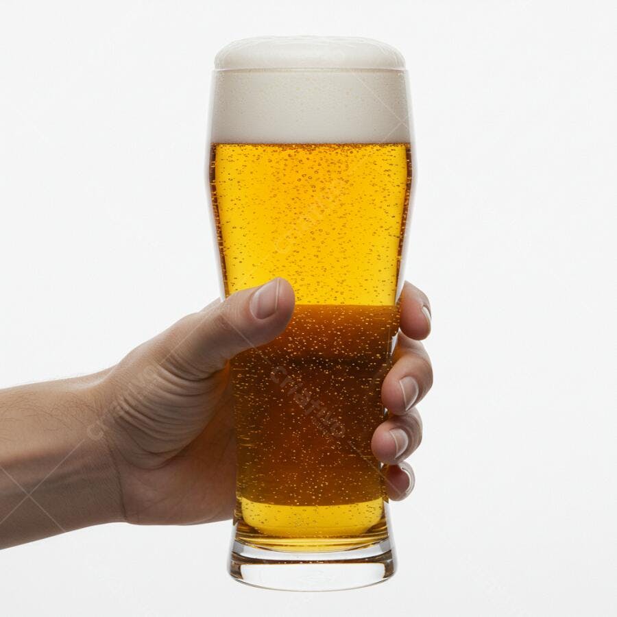 Mão segurando copo de cerveja loira