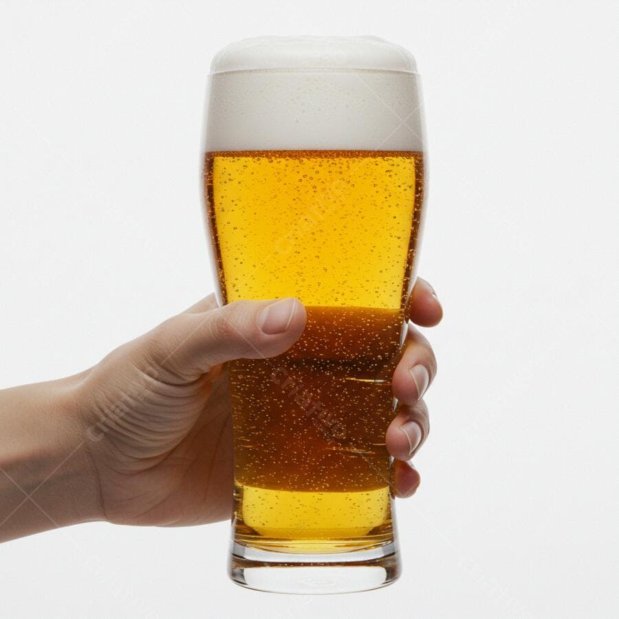 Mão segurando copo de cerveja loira