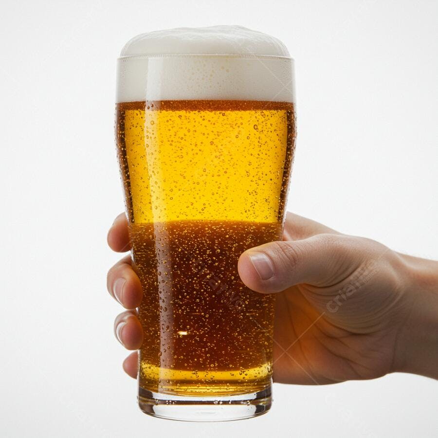 Mão segurando copo de cerveja gelada