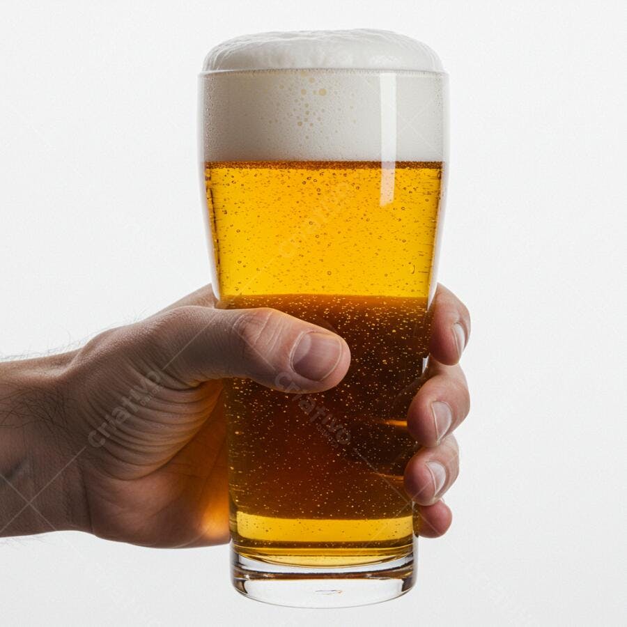 Mão segurando copo de cerveja loira