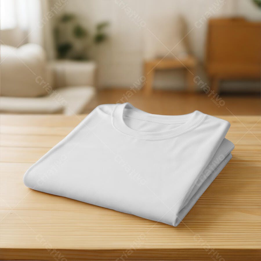 Mockup Camiseta Branca Dobrada em Mesa de Madeira
