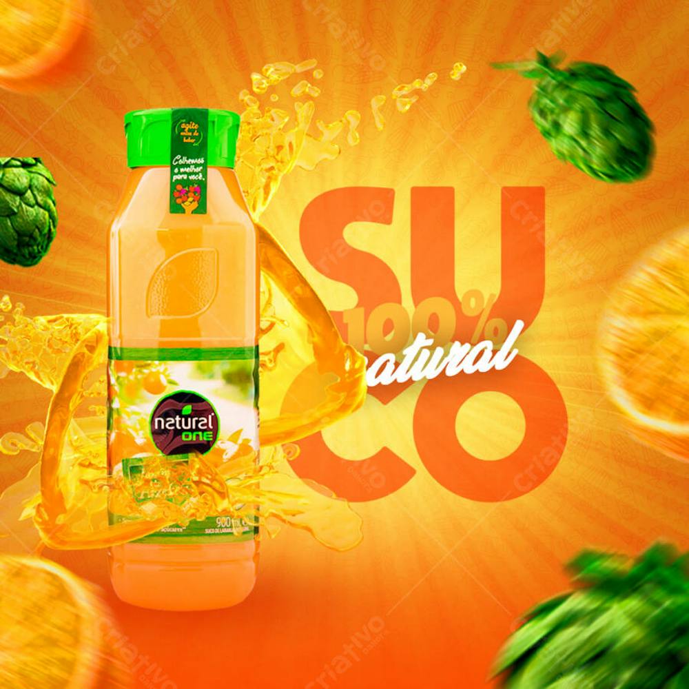 Modern and vibrant flyer design for promoting 100% natural juice. Warm and bright colors (orange and green) highlight a juice bottle and splashing liquid. Perfect for social media and print marketing; target audience: health-conscious consumers.