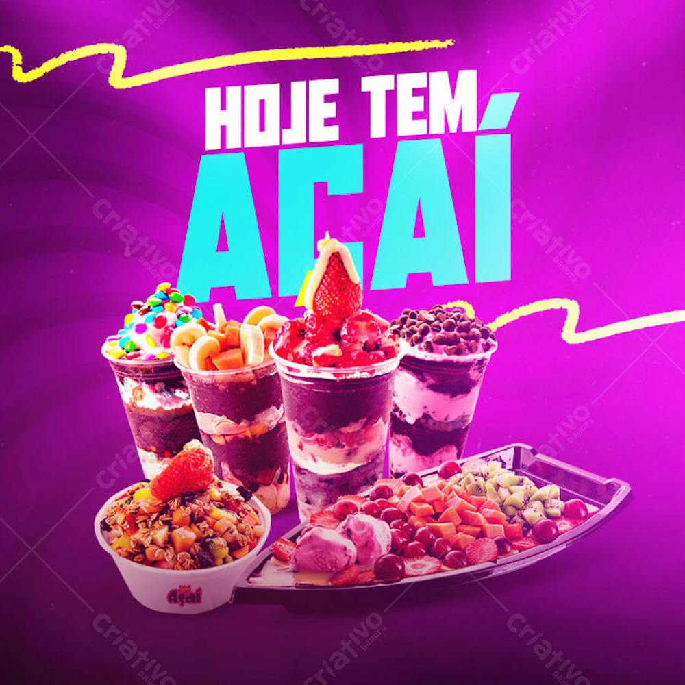 Vibrant flyer in purple and light blue tones, perfect for acai advertising. It shows various acai options in cups, with fruits, granola and ice cream. Ideal for social media and print, attracting customers of all ages. Great for boosting sales!