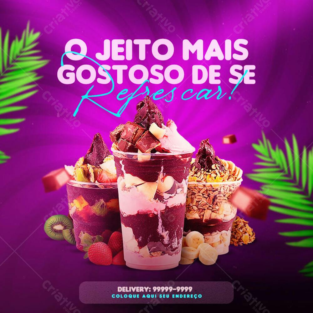 Vibrant and appetizing flyer template for acai promotion. Vivid purple and pink colors, highlighting acai cups with various toppings (granola, fruits, chocolate). Ideal for social media and delivery services.