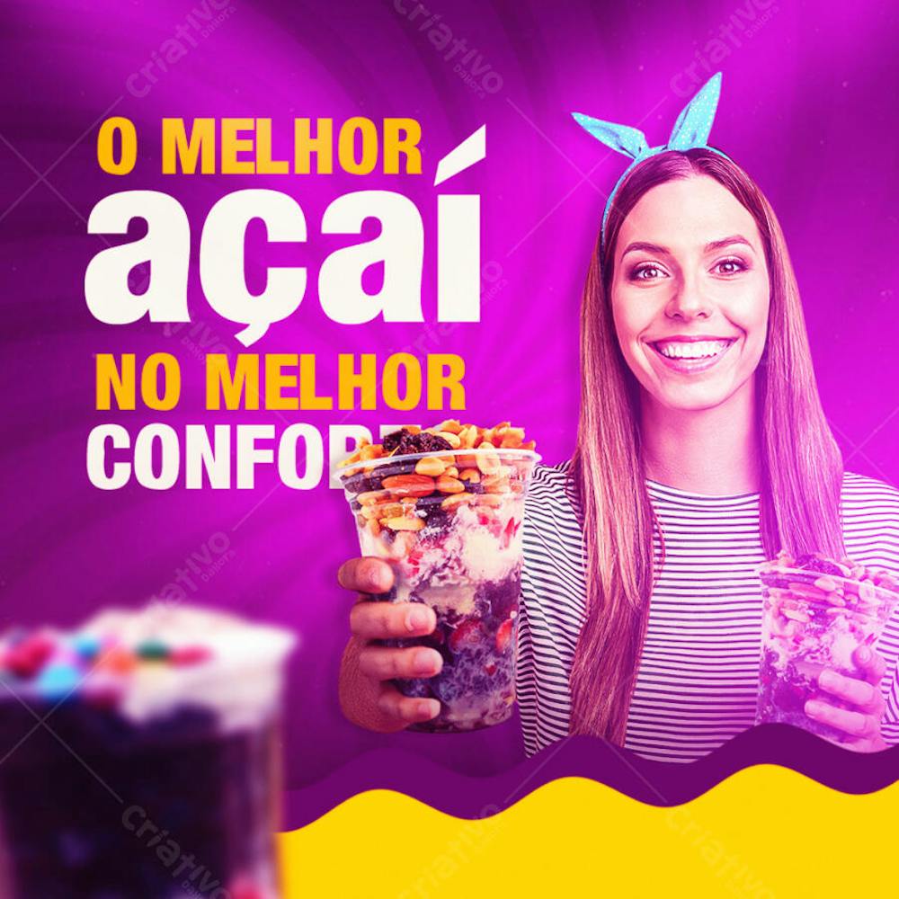 Vibrant and modern flyer template for acai promotion, featuring bright pink and yellow colors. A young, smiling woman holds a cup of acai with toppings. Ideal for social media and print, attracting a young audience seeking a healthy and delicious lifestyle.