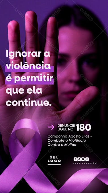 Purple flyer PSD for raising awareness of violence against women. Impactful image with a hand in a stop gesture and a lilac ribbon. Ideal for August Lilac campaigns on social media.