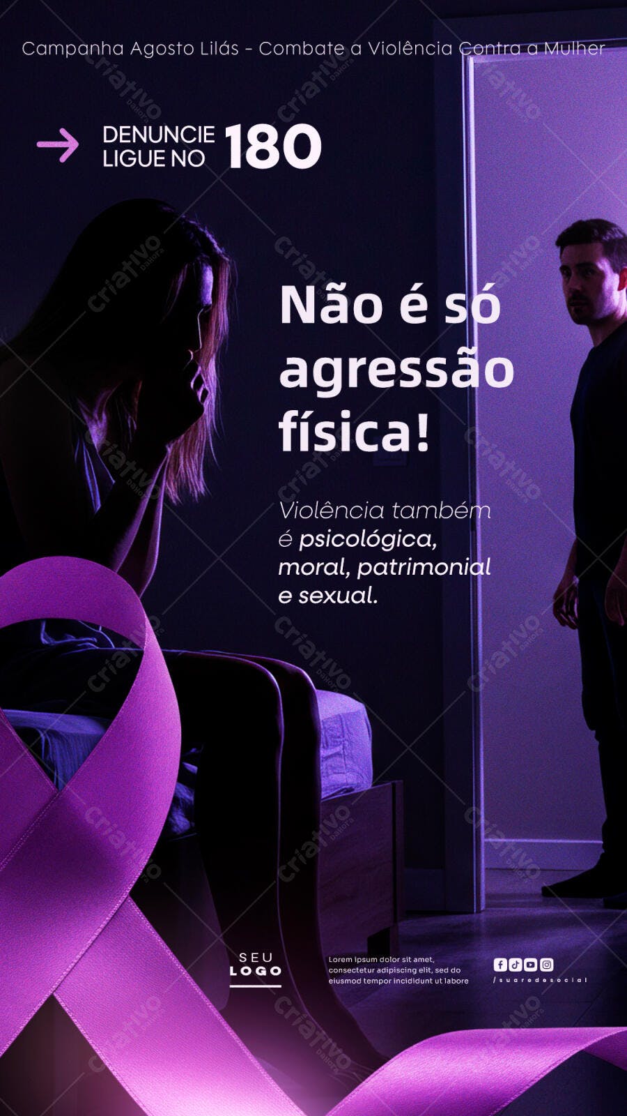 Flyer Agosto Lilás Combate à Violência Contra a Mulher PSD Editável