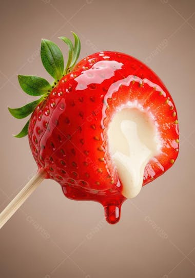 Morango vermelho brilhante coberto com calda vermelha brilhante e recheado com creme branco cremoso. Pingos de calda escorrendo. Fotografia de close-up contra fundo marrom claro. Atmosfera doce e deliciosa.