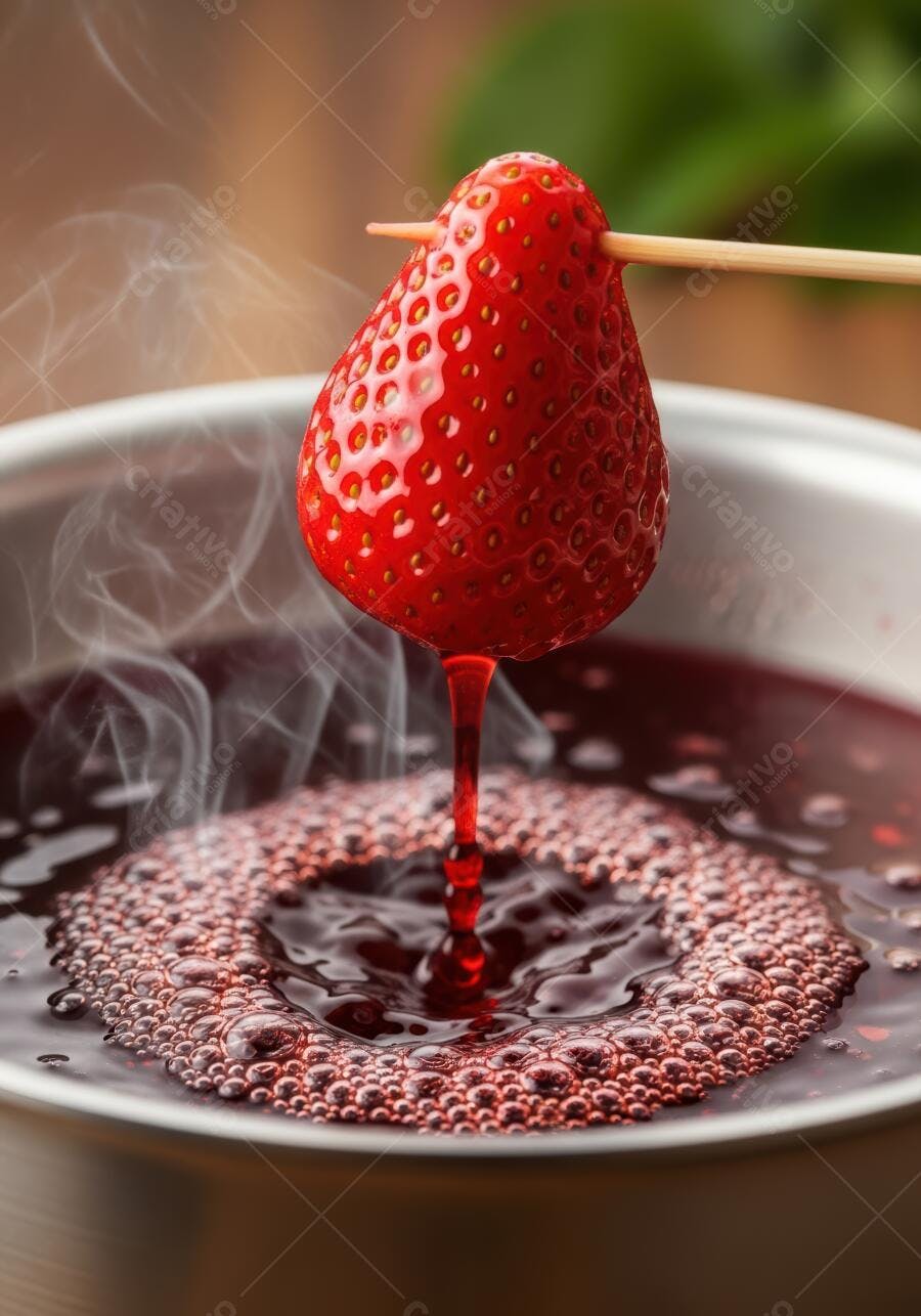 Morango em fondue de chocolate vermelho