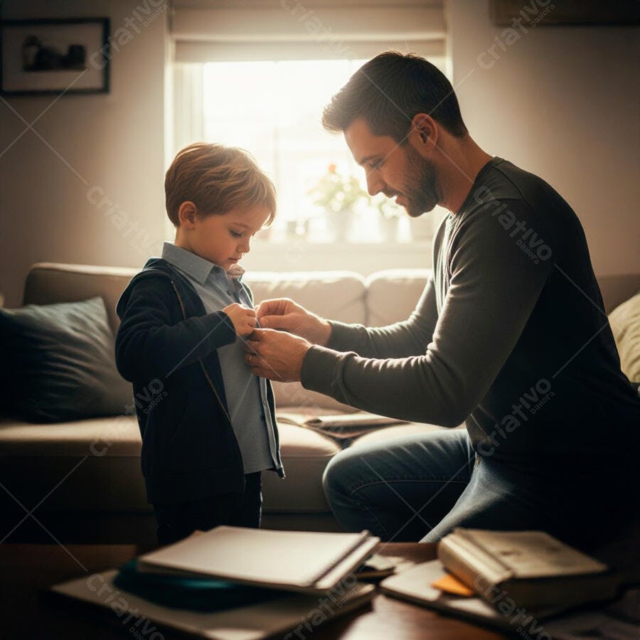 Pai ajudando filho a se vestir em casa