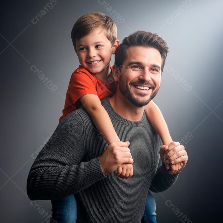 Pai e filho sorrindo fundo cinza