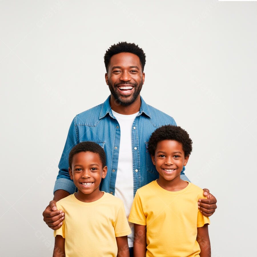 Pai e filhos negros sorrindo fundo branco