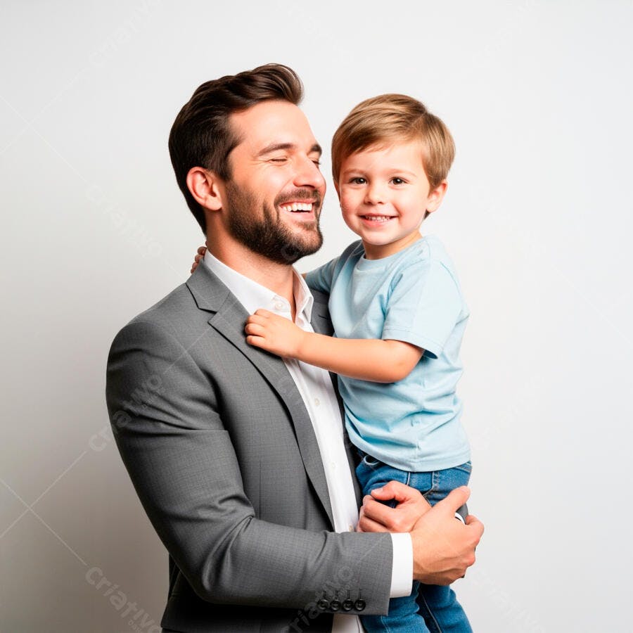 Pai e filho sorrindo juntos fundo branco