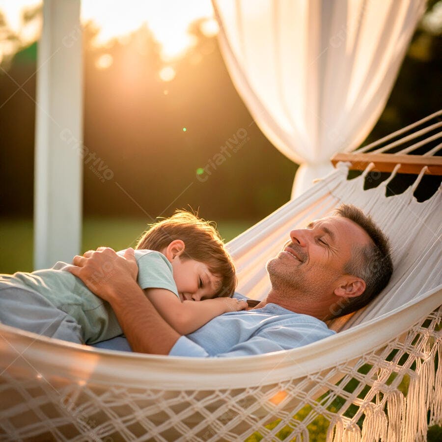Pai e filho abraçados em rede ao entardecer