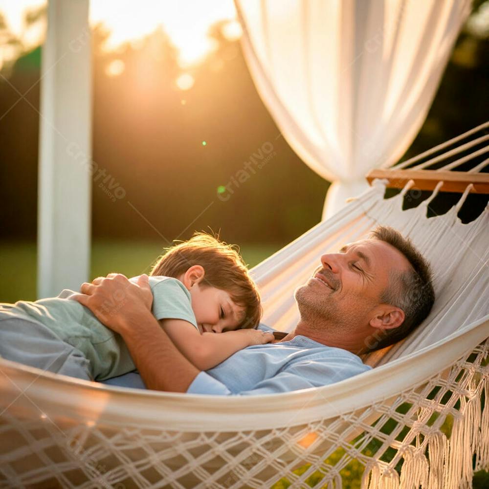 PAI E FILHO DESCANSANDO NA REDE FELIZ PARA COMPOSIÇÃO