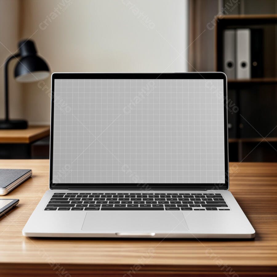 Mockup Notebook Moderno em Mesa de Madeira