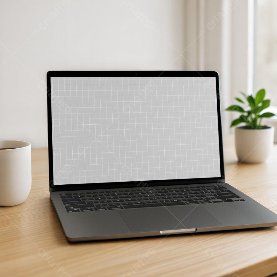 Mockup Notebook Moderno em Mesa de Madeira Clara