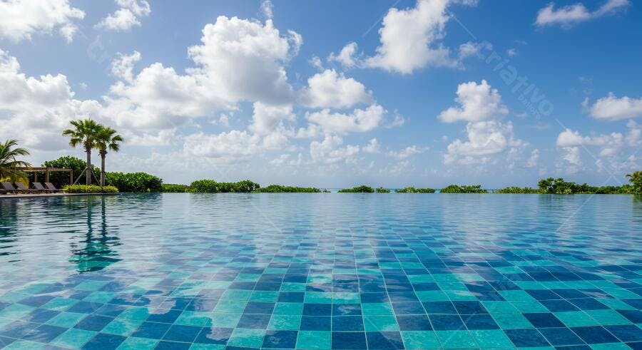 Piscina tropical com palmeiras e céu azul
