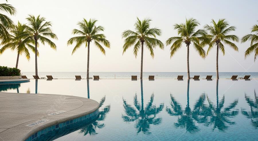 Piscina paradisíaca com coqueiros e mar azul