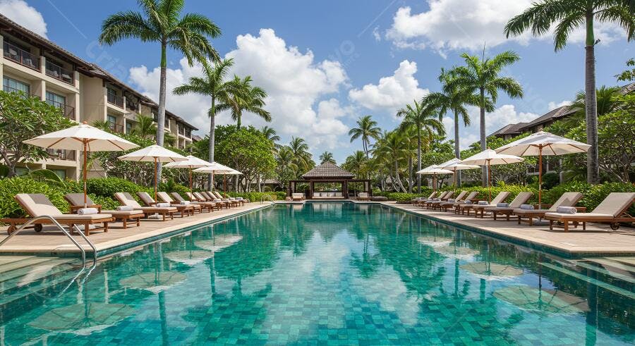 Piscina tropical resort com palmeiras e espreguiçadeiras