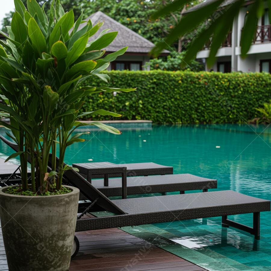 Espreguiçadeiras na piscina tropical