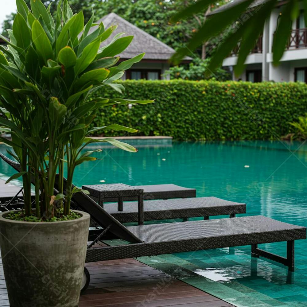 Image of dark loungers by a turquoise pool. Lush green tropical plants and buildings in the background. Vibrant colors and relaxing atmosphere. Balanced composition.