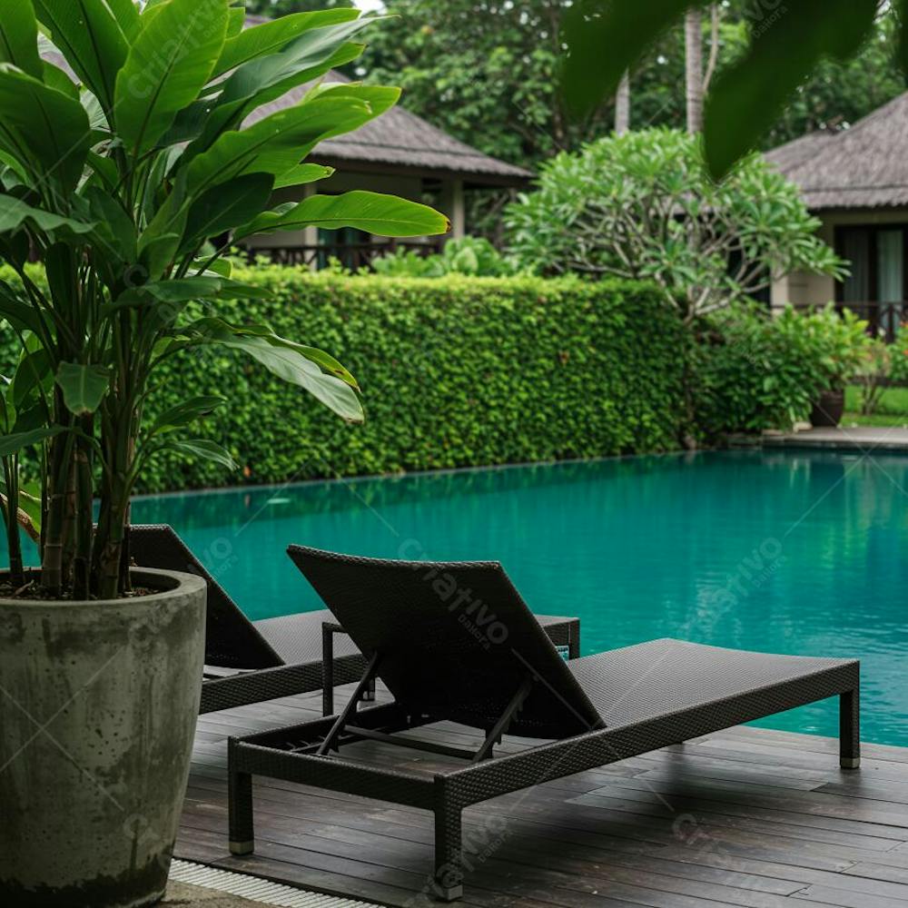 Two dark brown wicker lounge chairs sit beside a turquoise swimming pool, with lush tropical greenery in the background. The atmosphere is calm and relaxing, with dark green and turquoise blue tones predominating. The image has a balanced composition, focusing on the lounge chairs and the pool in the background.