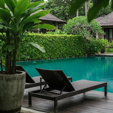 Resort com piscina tropical, ambiente tranquilo para composição (2)