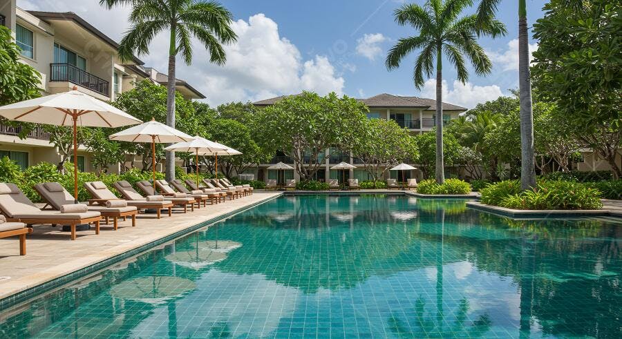 Piscina tropical com espreguiçadeiras e palmeiras